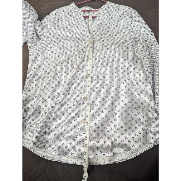 Women's vertical pinstripe w/anchor print cotton button up Henley neckline top - Picture 13 of 13